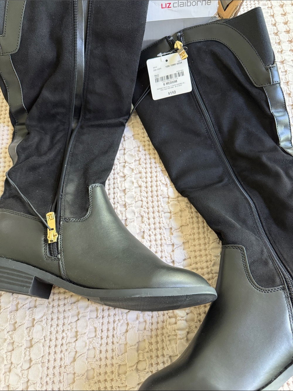 Liz Claiborne Black Tall Riding Boots with Gold Zipper Accents